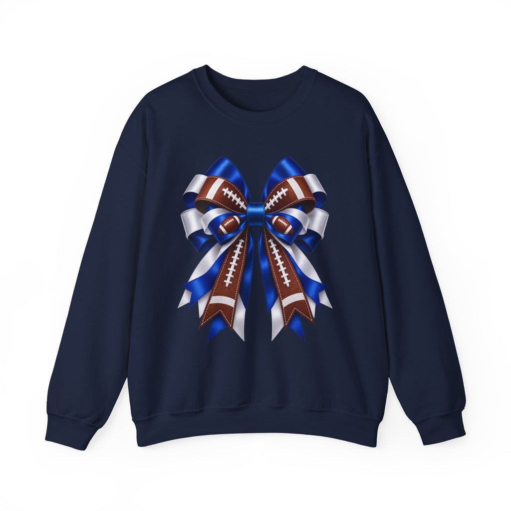 Football Ribbon Crewneck Sweatshirt — Blue & Brown Game Day Bow Design