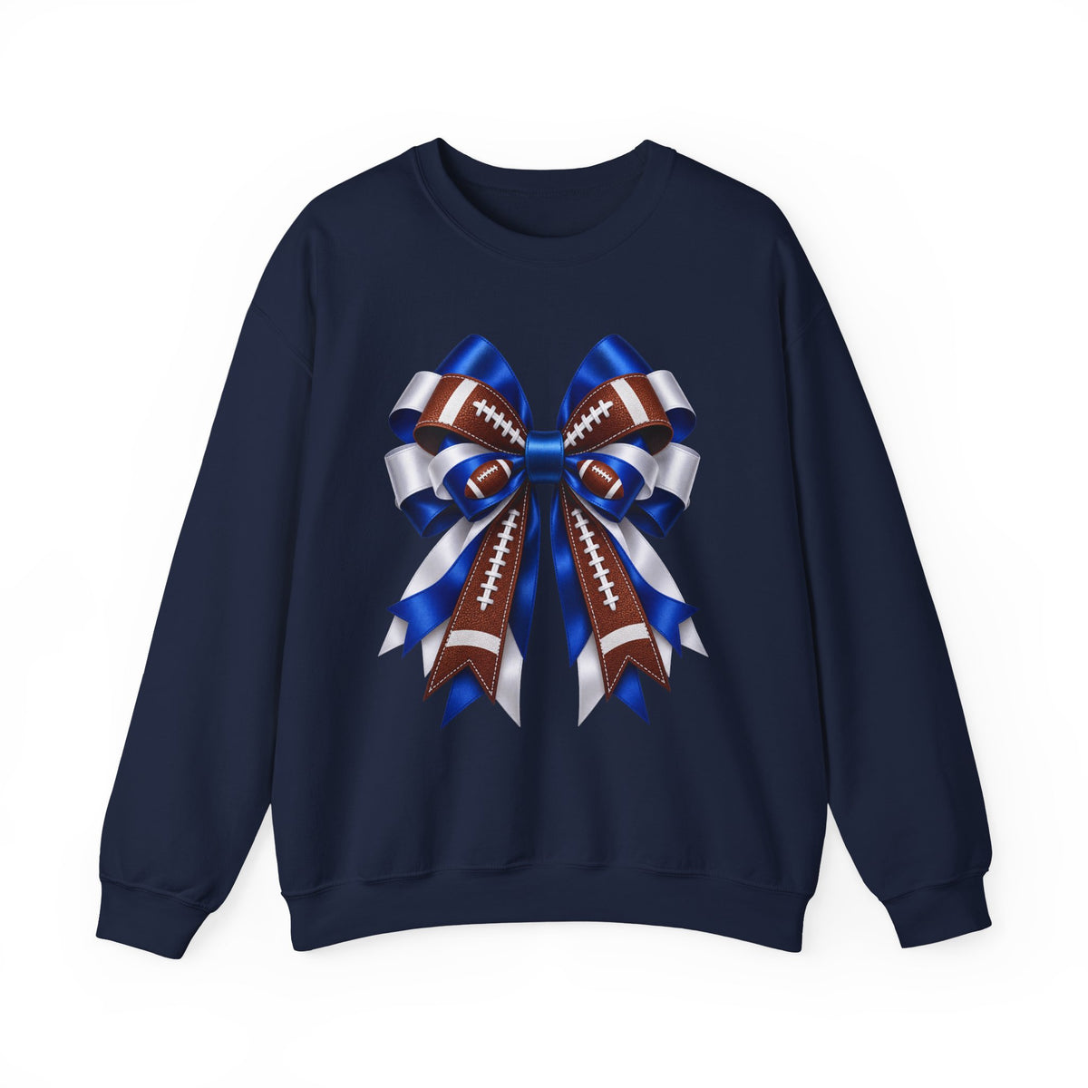 Football Ribbon Crewneck Sweatshirt — Blue & Brown Game Day Bow Design