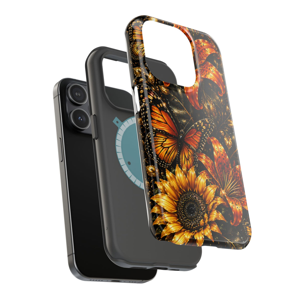 Floral Monarch Phone Case — Orange Sunflower & Butterfly Magnetic Impact-Resistant Case