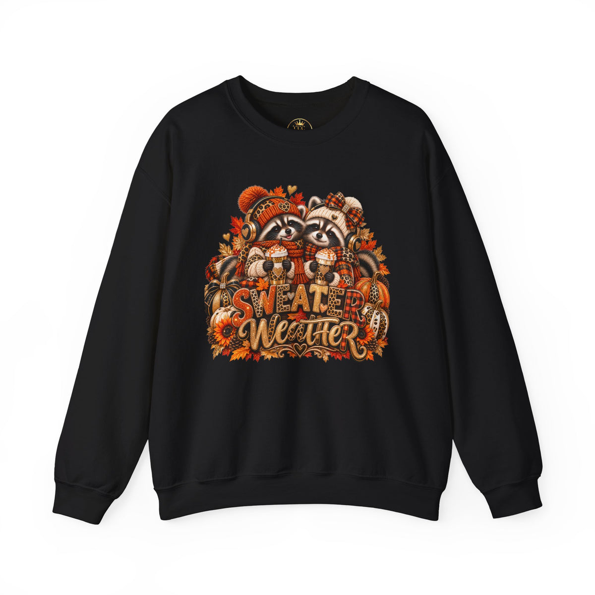 Sweater Weather Crewneck Sweatshirt — Autumn Raccoon Pumpkin Fall Graphic
