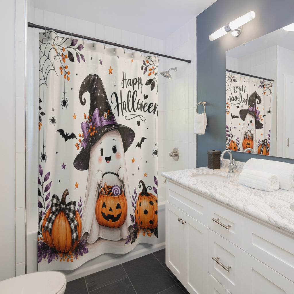 Happy Halloween Cute Ghost Shower Curtain | Halloween Bathroom Decor