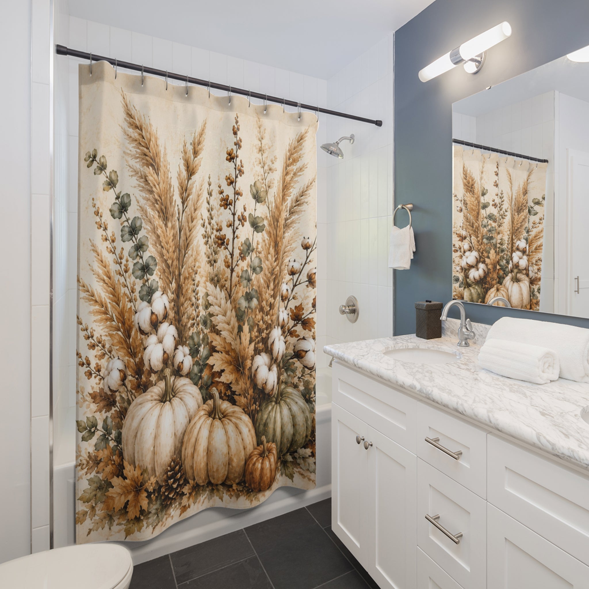 Autumn Harvest Shower Curtain | Pampas Grass & Pumpkin Botanical Print