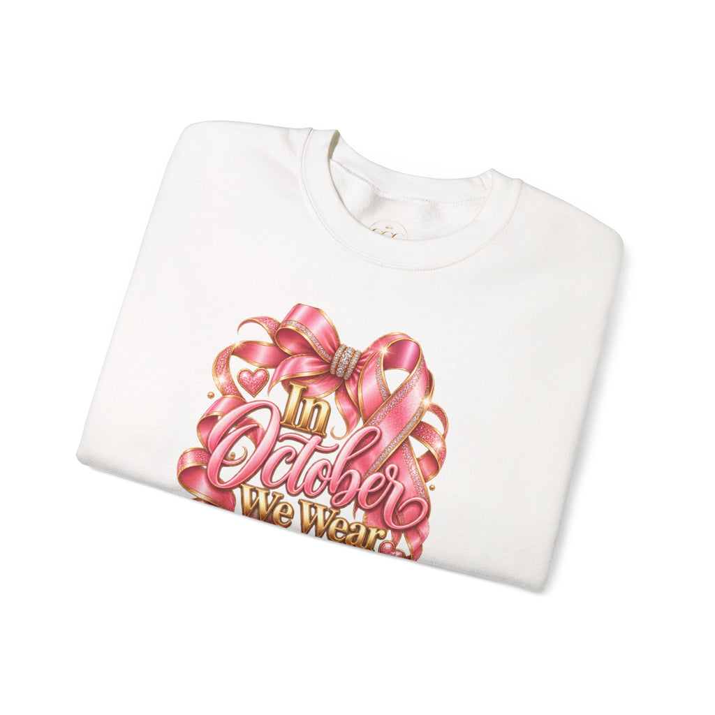 In October We Wear Pink Breast Cancer Awareness Sweatshirt | Pink Ribbon & Bow Crewneck | Support & Hope Shirt