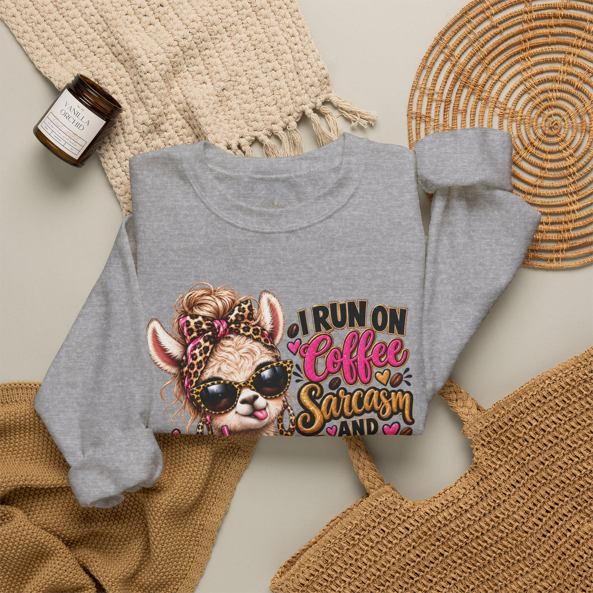 I Run on Coffee, Sarcasm & Big Plans Sweatshirt – Funny Coffee Llama Crewneck