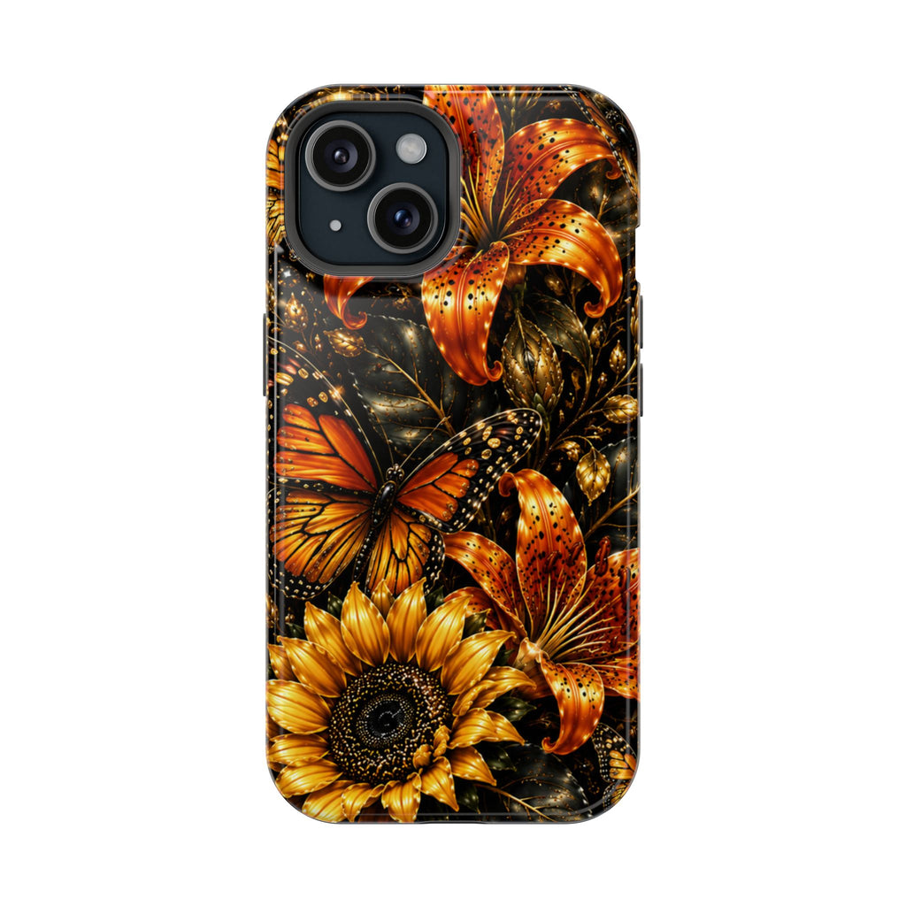 Floral Monarch Phone Case — Orange Sunflower & Butterfly Magnetic Impact-Resistant Case