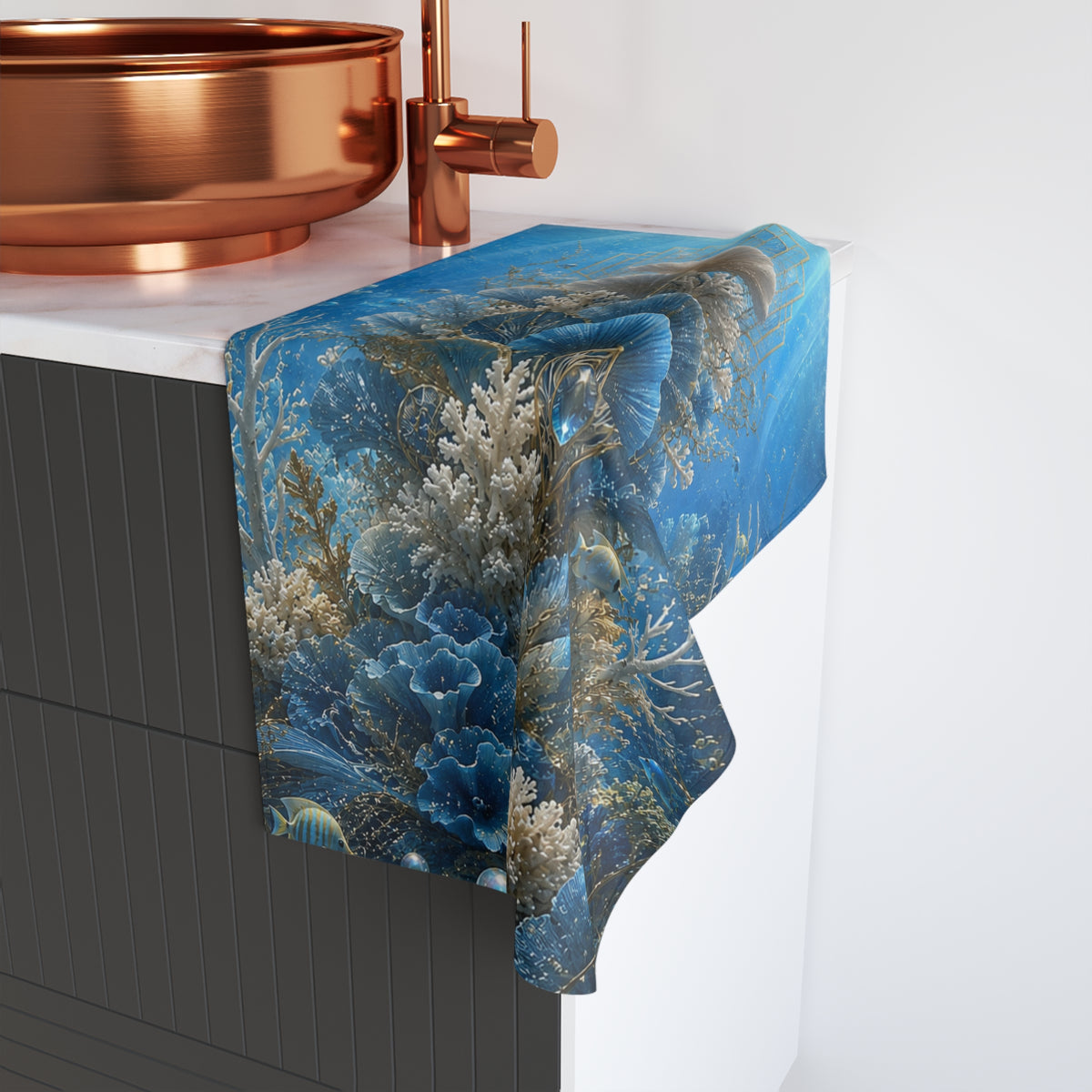Underwater Coral Garden Hand Towel — Blue Ocean Seashell Bath Accent