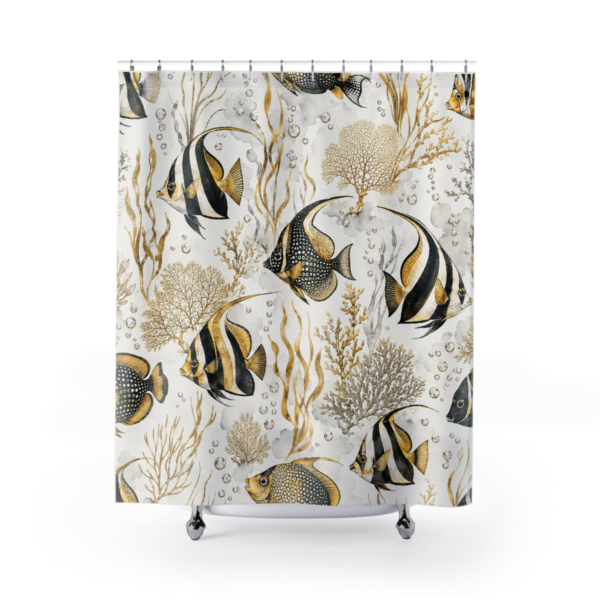 Tropical Angelfish Shower Curtain — Gold & Black Coastal Bathroom Decor