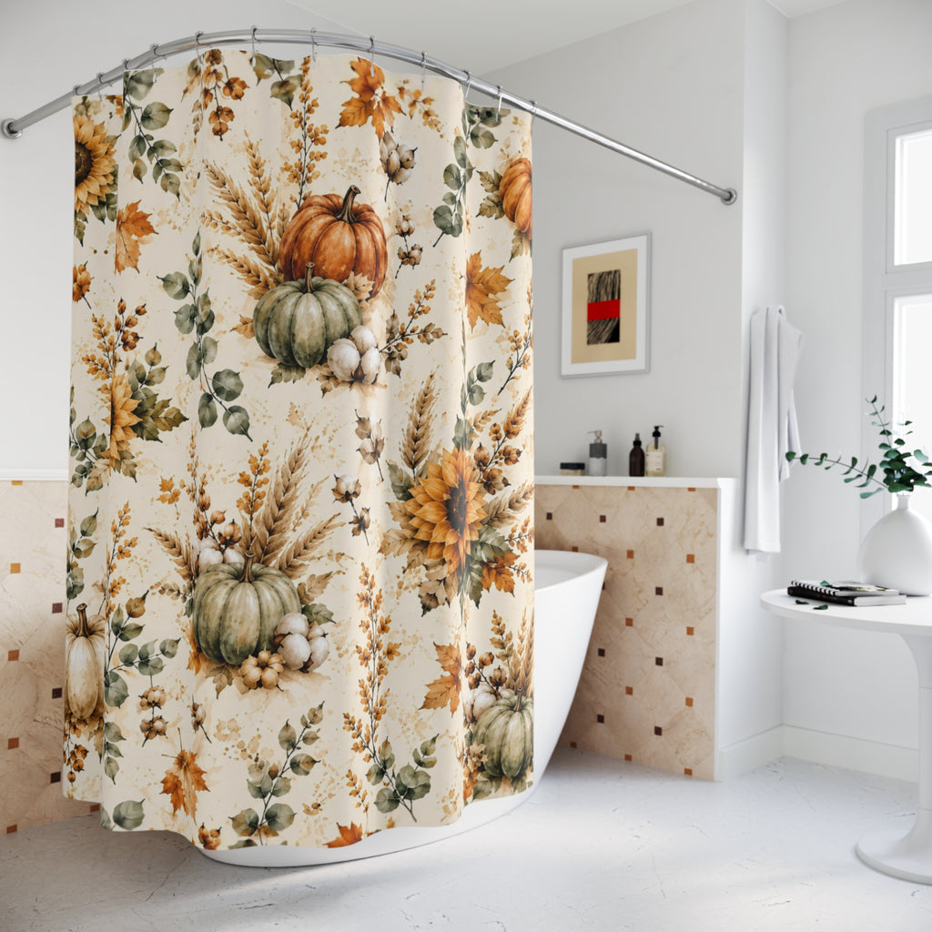 Autumn Harvest Shower Curtain | Watercolor Pumpkin Sunflower Fall Bathroom Decor