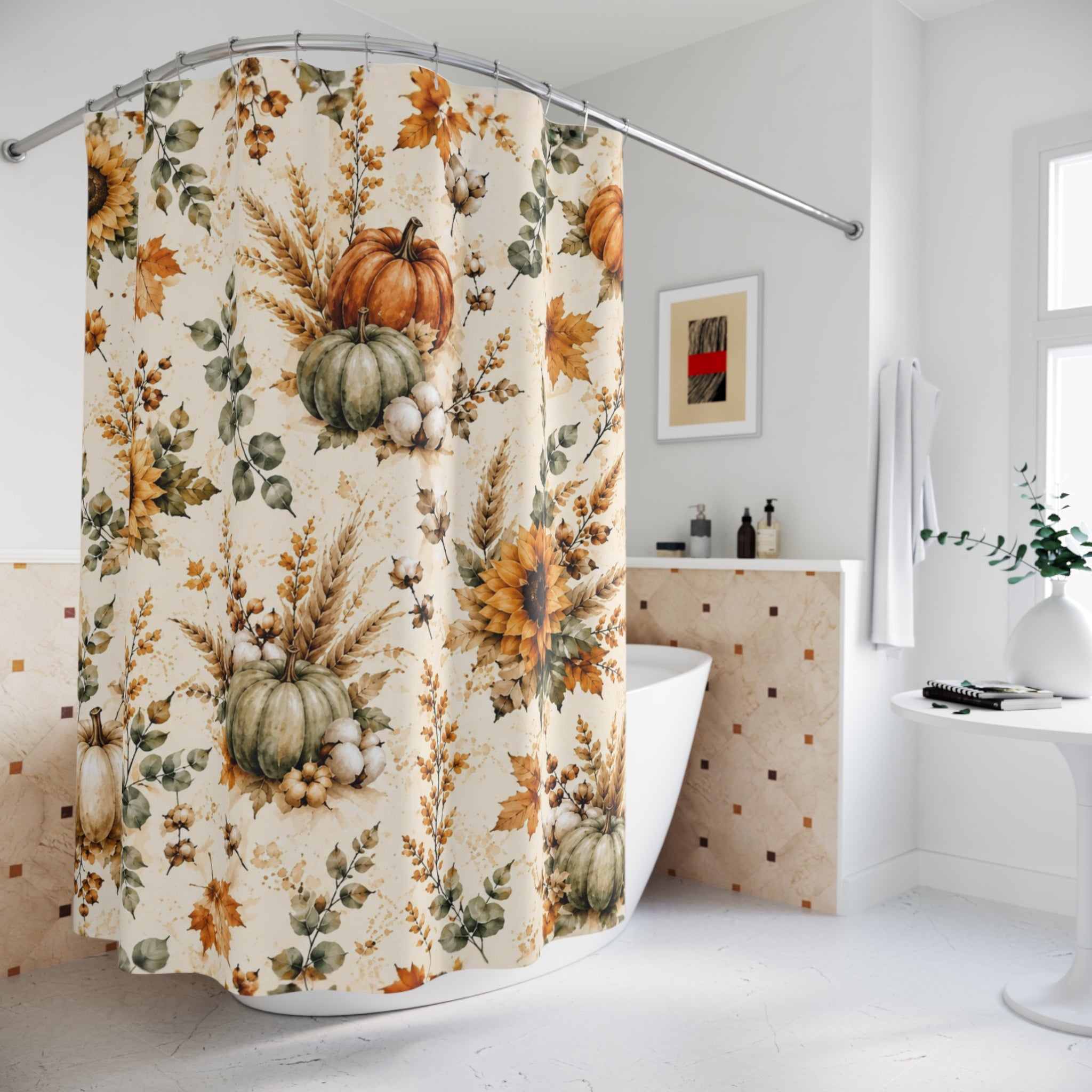 Autumn Harvest Shower Curtain | Watercolor Pumpkin Sunflower Fall Bathroom Decor