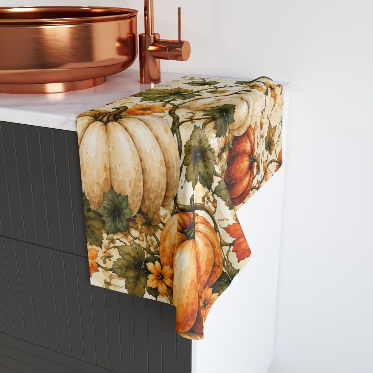 Harvest Pumpkin Hand Towel | Vintage Botanical Fall Bathroom Decor