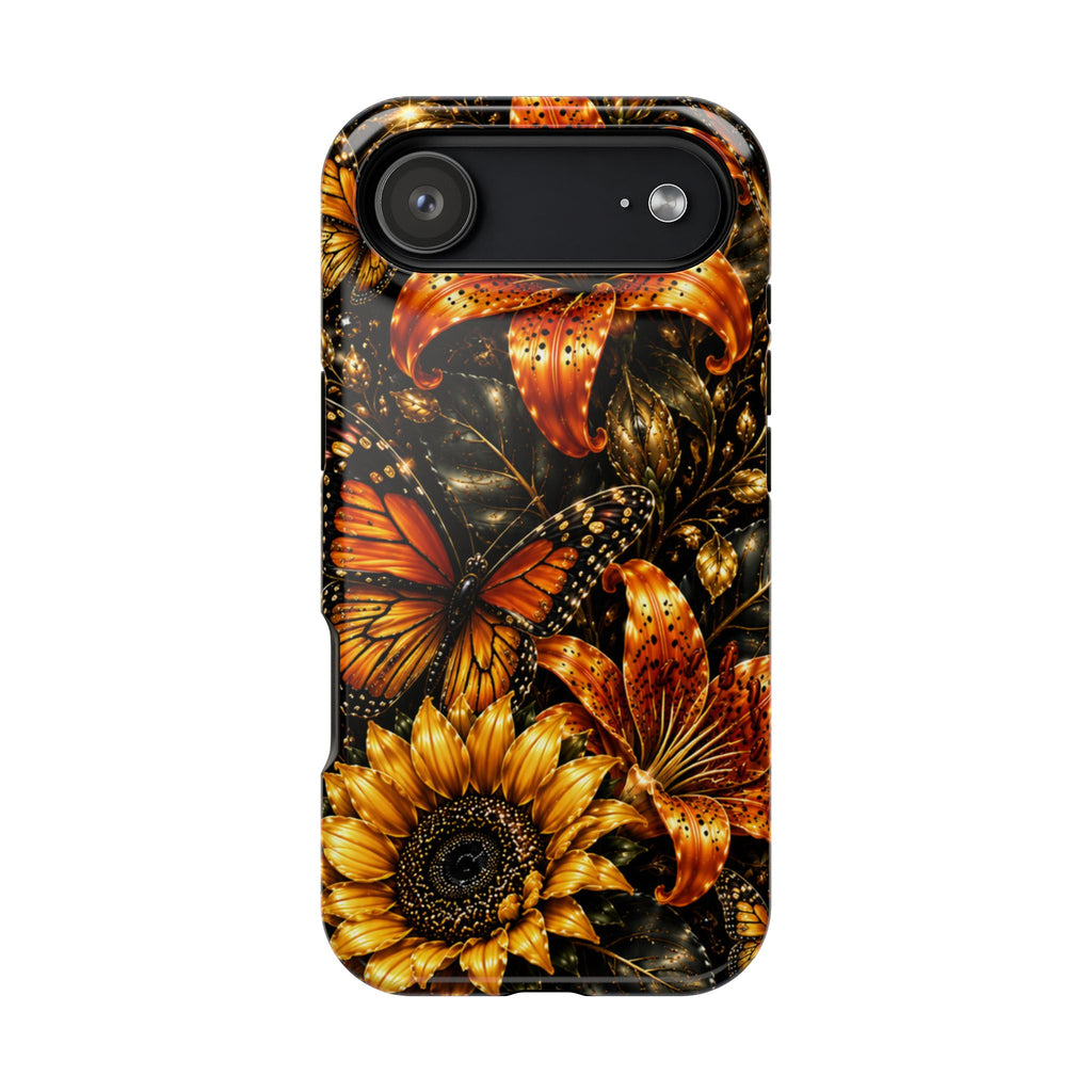 Floral Monarch Phone Case — Orange Sunflower & Butterfly Magnetic Impact-Resistant Case