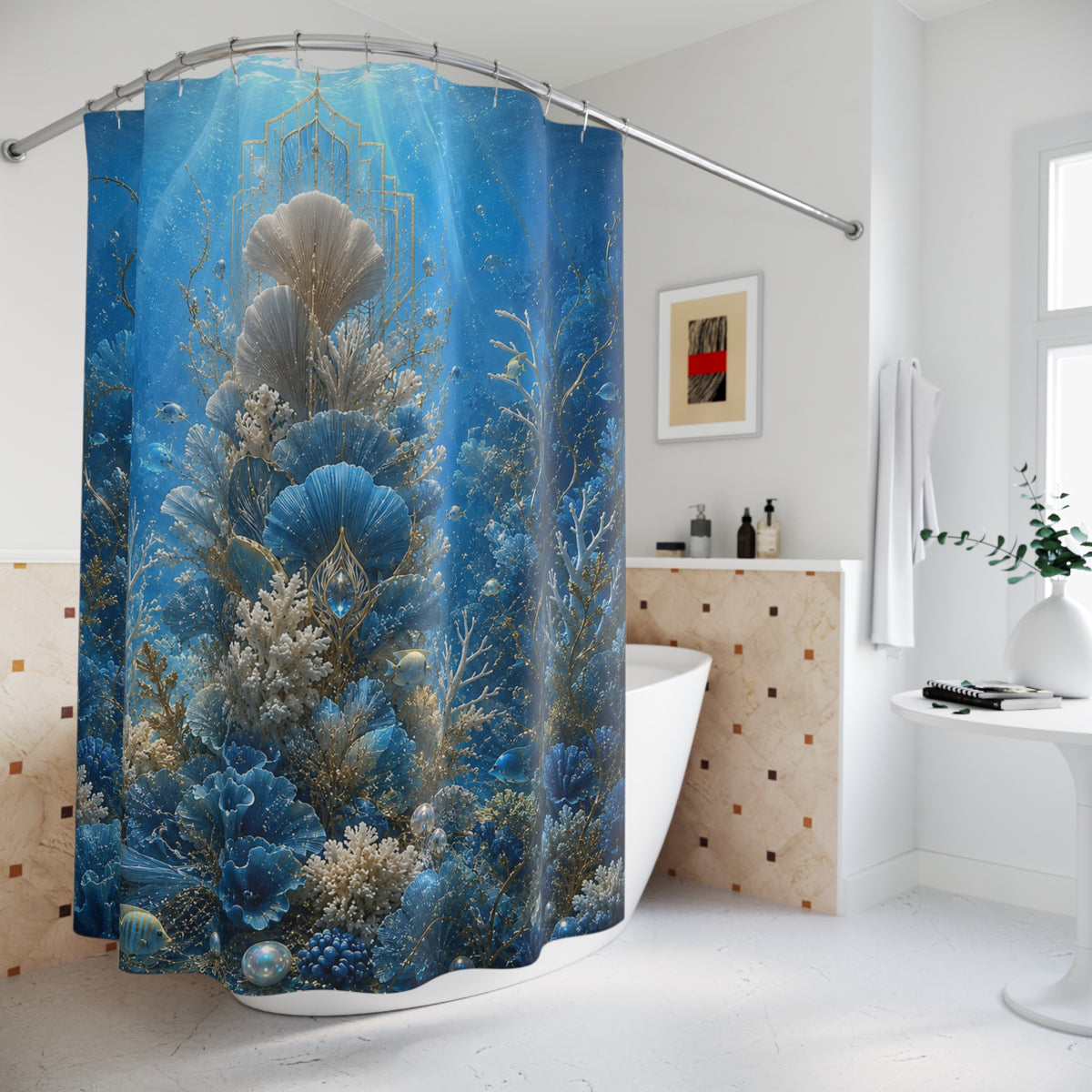 Underwater Coral Forest Shower Curtain — Ocean Blue Seascape Bathroom Decor