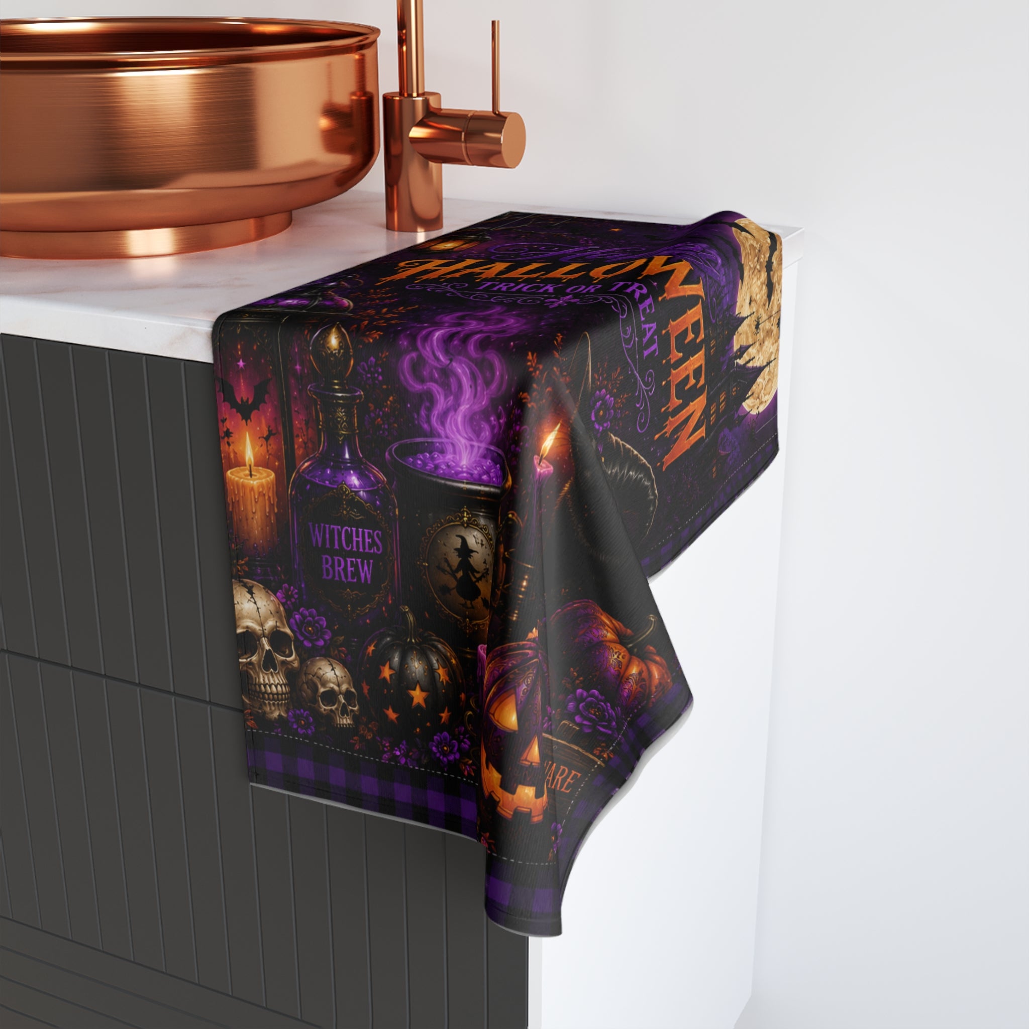 Halloween Trick or Treat Hand Towel | Dark Gothic Halloween Bathroom Decor