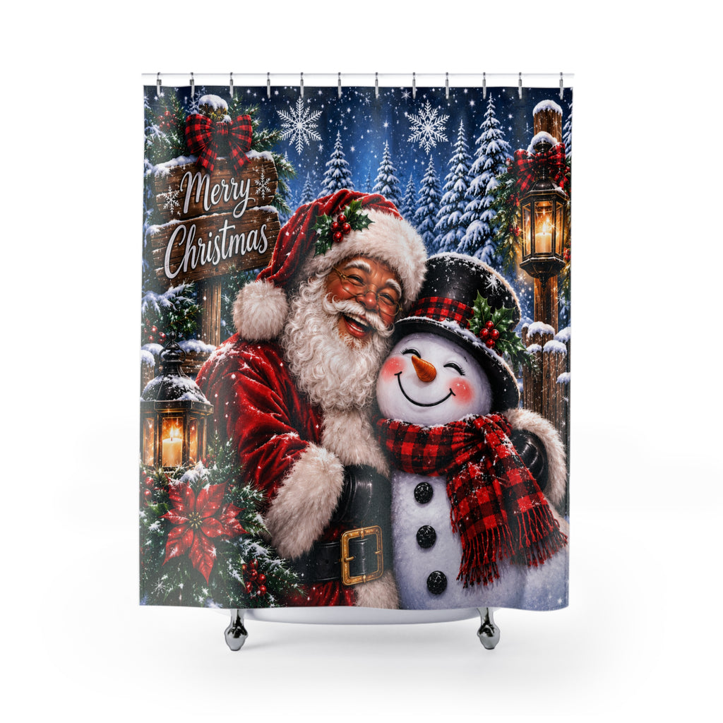 Merry Christmas Santa & Snowman Shower Curtain | Holiday Bathroom Decor
