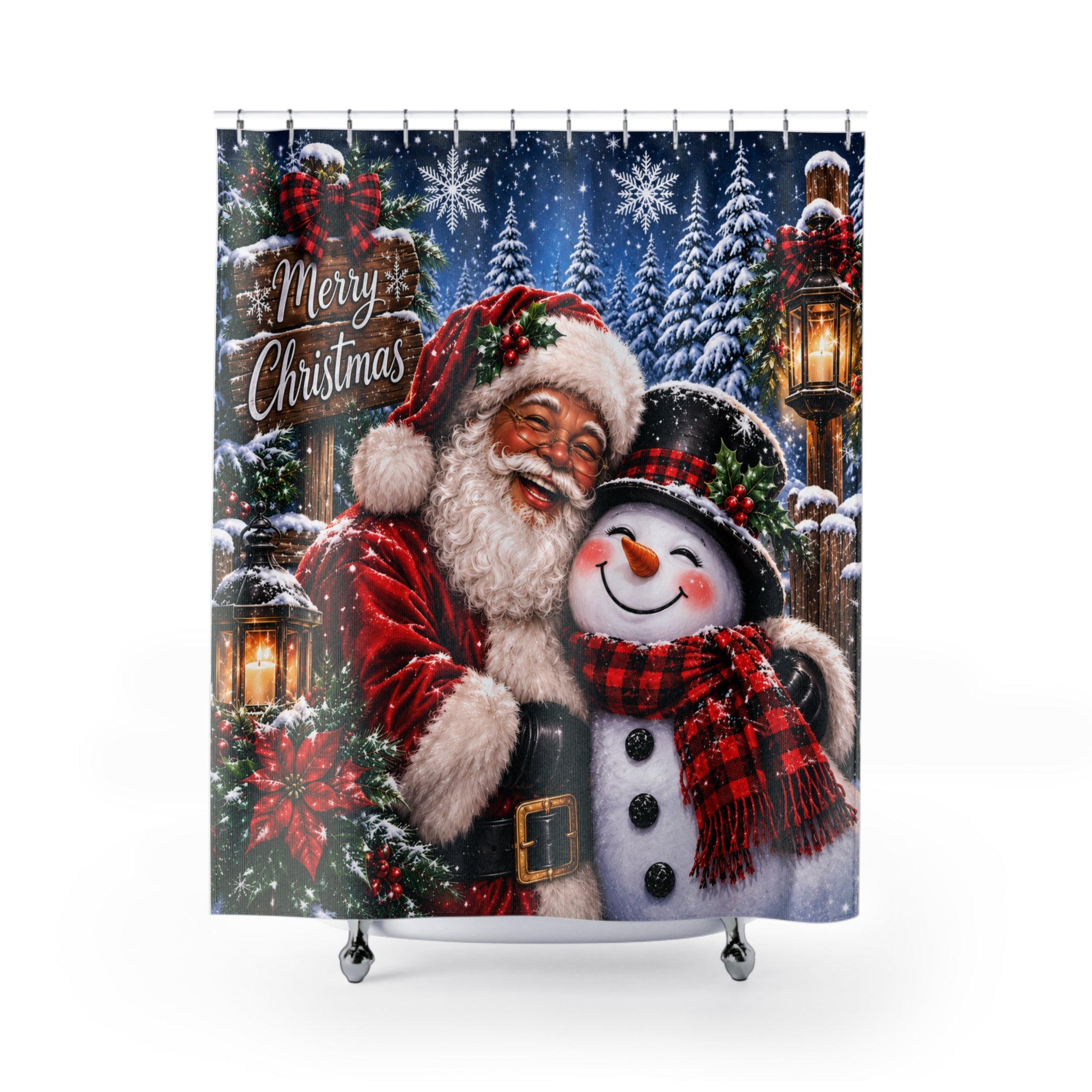 Merry Christmas Santa & Snowman Shower Curtain | Holiday Bathroom Decor