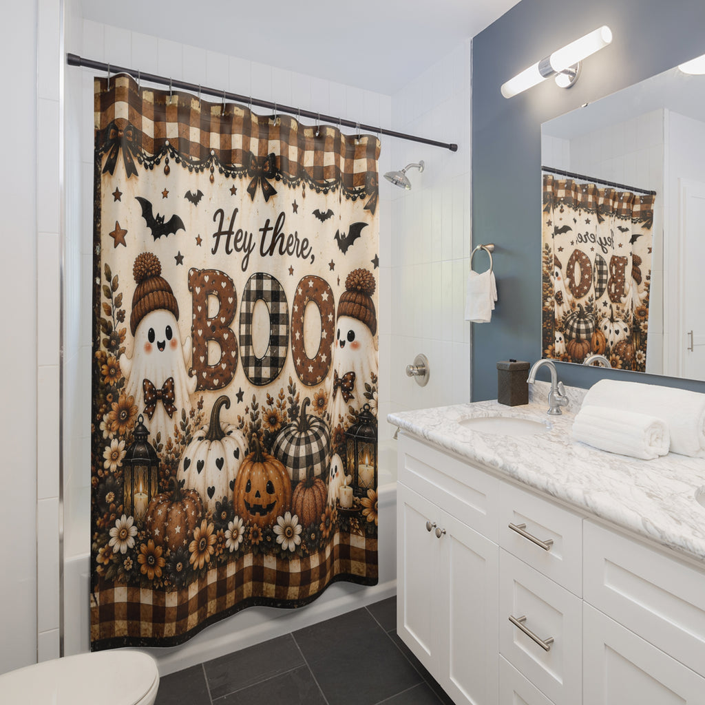 Hey There Boo Shower Curtain | Rustic Plaid Halloween Bathroom Decor