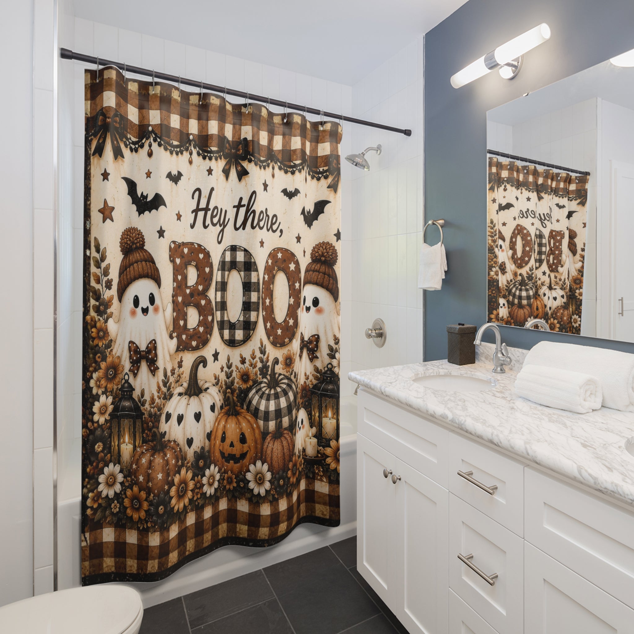 Hey There Boo Shower Curtain | Rustic Plaid Halloween Bathroom Decor