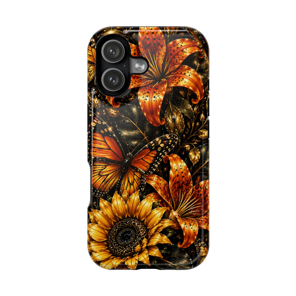 Floral Monarch Phone Case — Orange Sunflower & Butterfly Magnetic Impact-Resistant Case