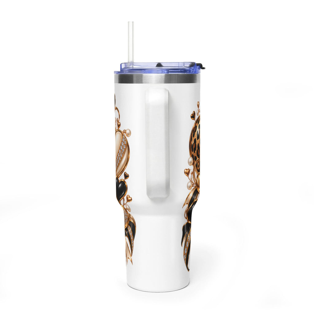 Luxury Hearts & Bows 40oz Tumbler | Black, Gold & Leopard Print Travel Cup