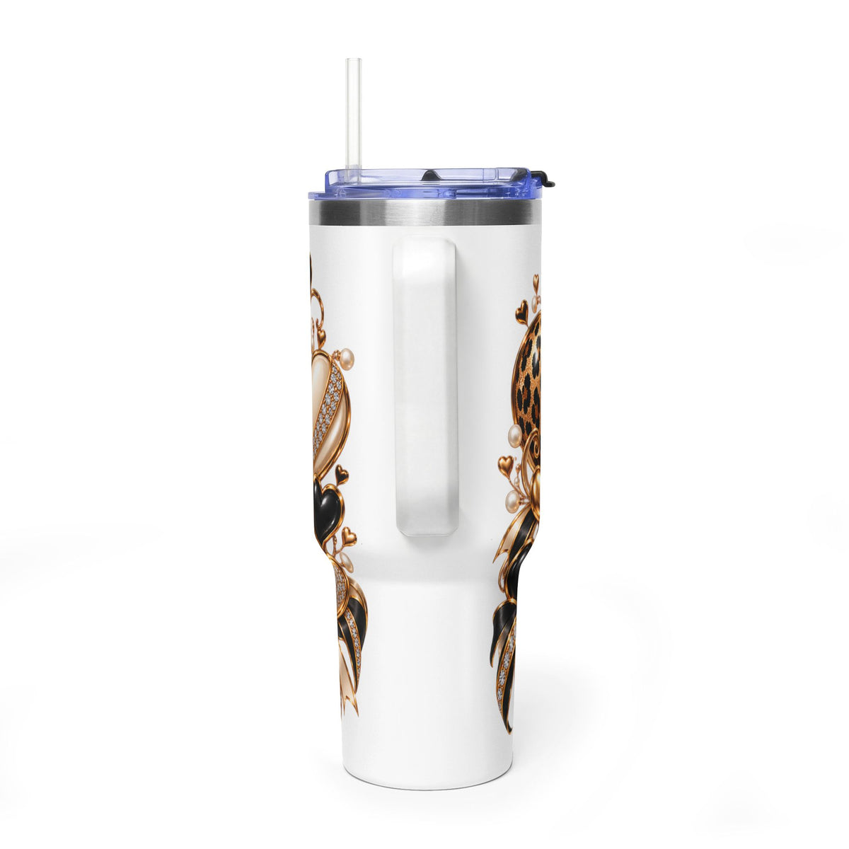 Luxury Hearts & Bows 40oz Tumbler | Black, Gold & Leopard Print Travel Cup