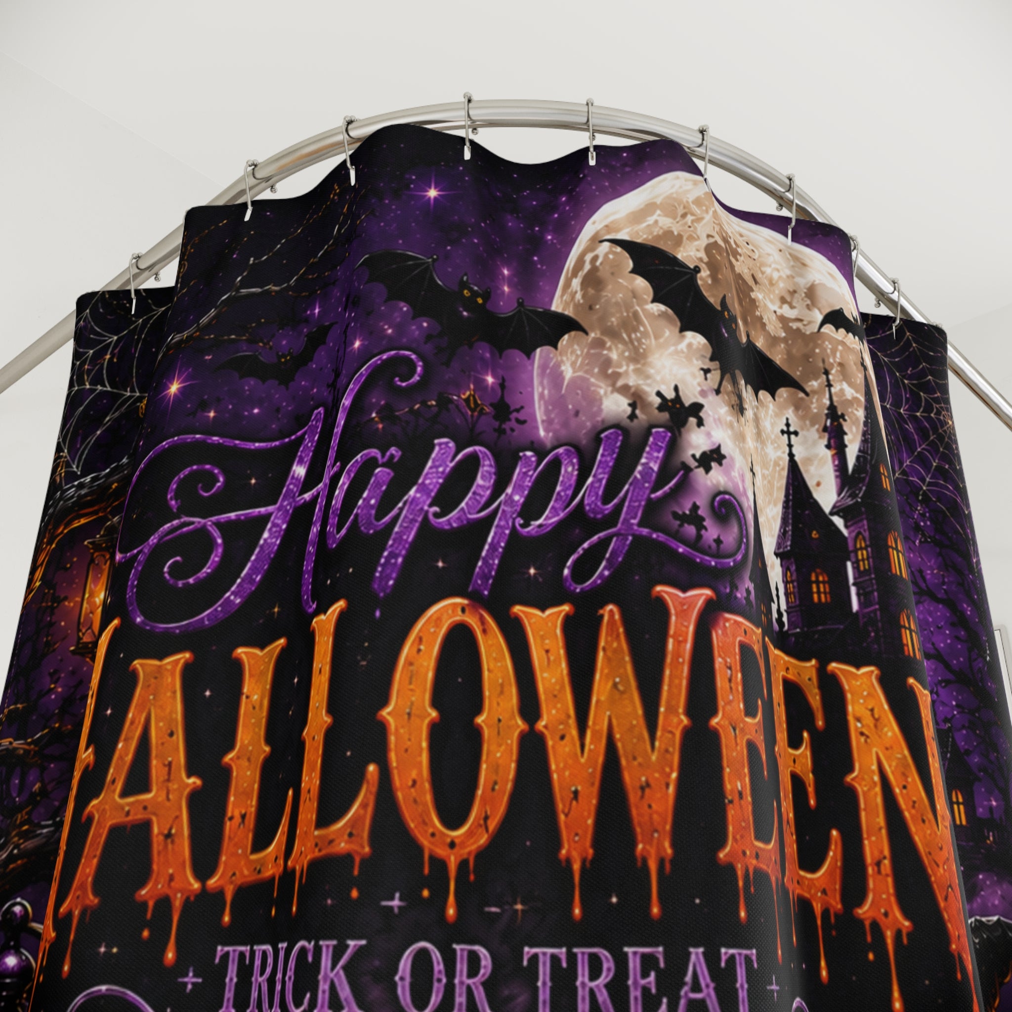Happy Halloween Trick or Treat Shower Curtain | Dark Gothic Halloween Bathroom Decor