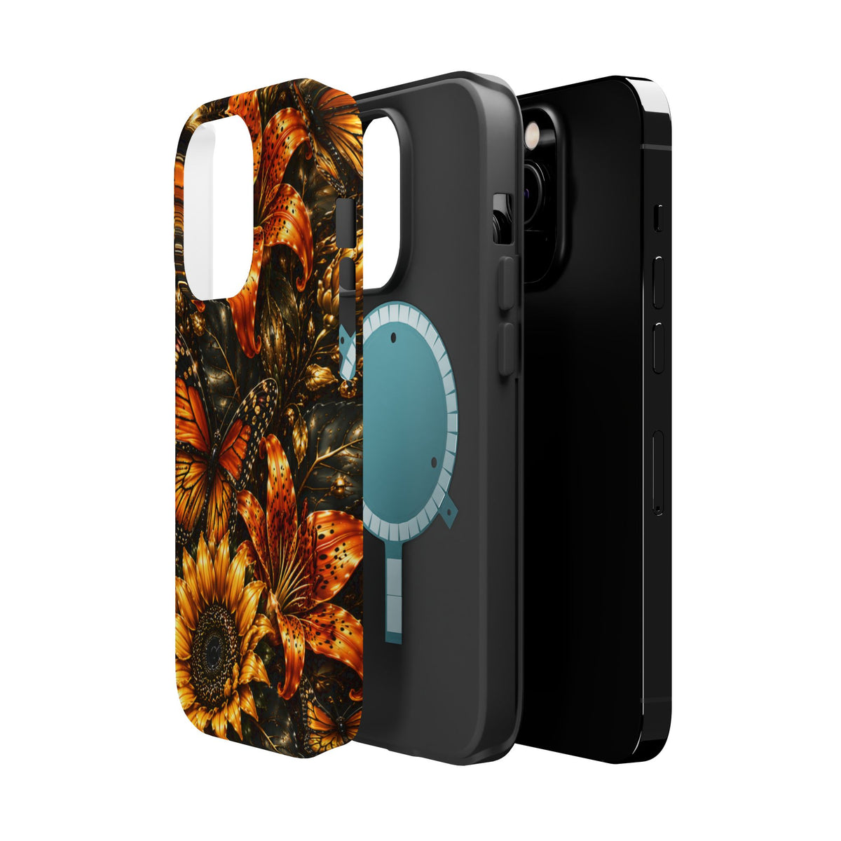 Floral Monarch Phone Case — Orange Sunflower & Butterfly Magnetic Impact-Resistant Case