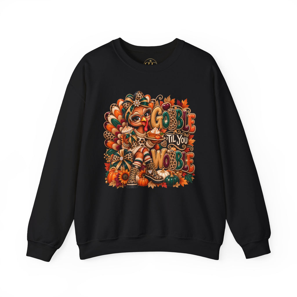 Thanksgiving Crewneck Sweatshirt – Cute Turkey "Gobble Til You Wobble" Fall Pullover