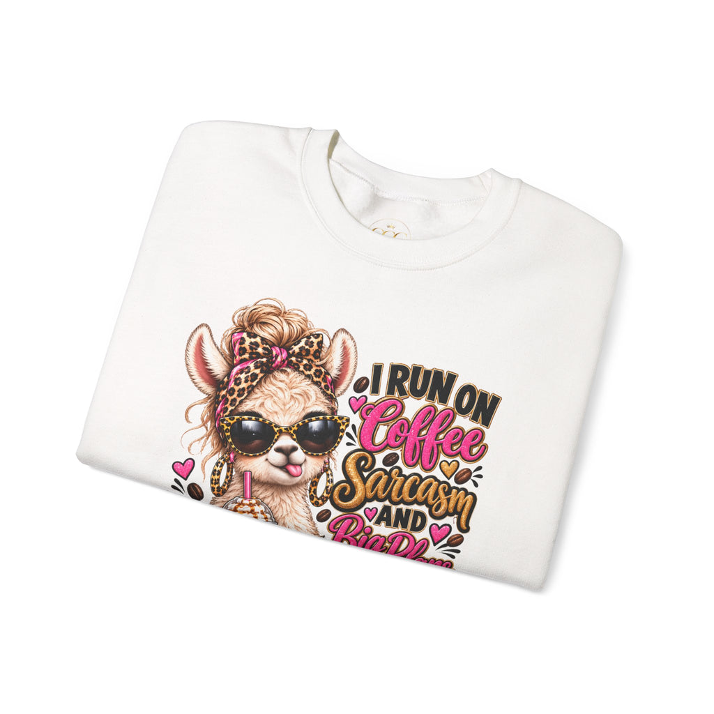 I Run on Coffee, Sarcasm & Big Plans Sweatshirt – Funny Coffee Llama Crewneck