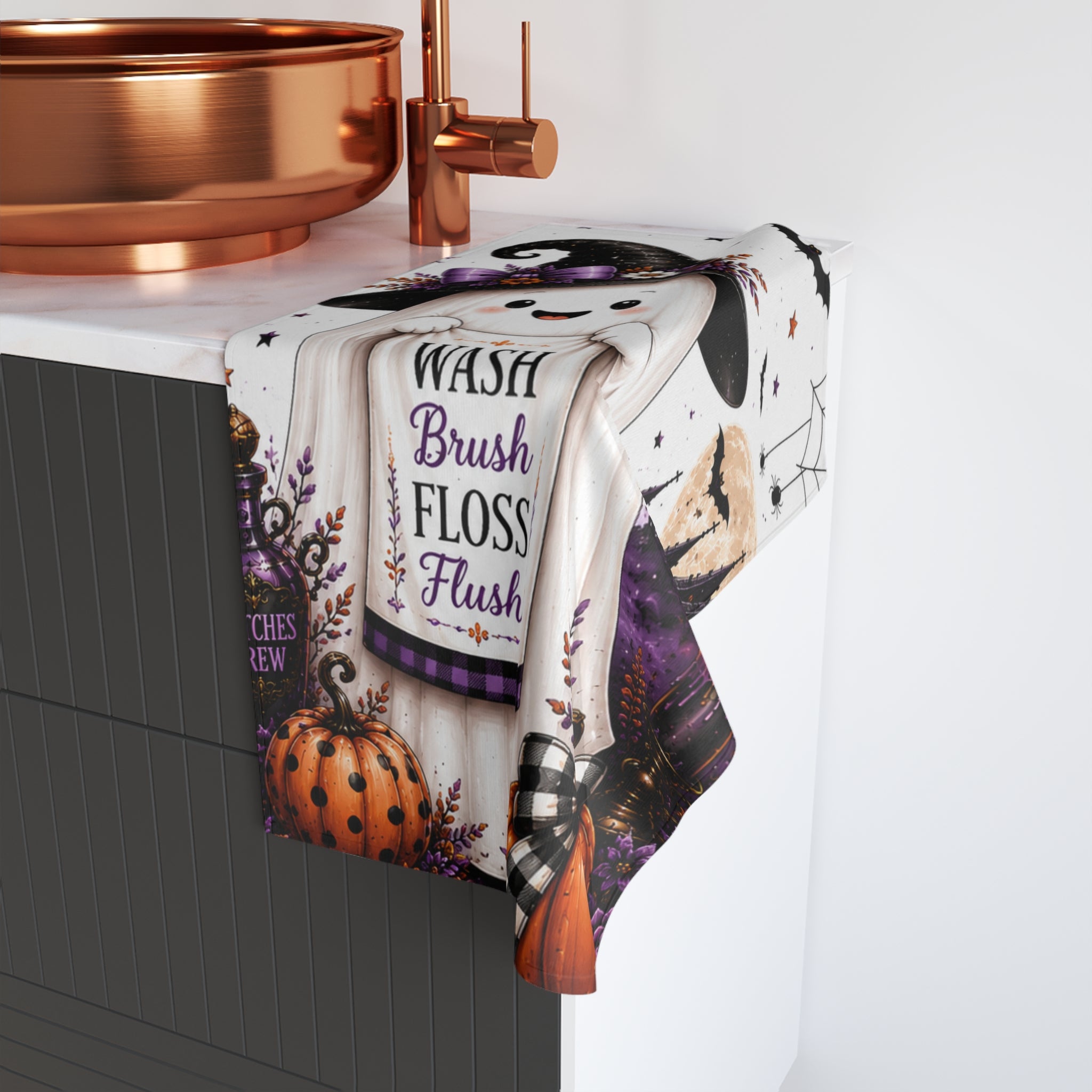 Halloween Ghost Wash Brush Floss Flush Hand Towel | Cute Halloween Bathroom Decor