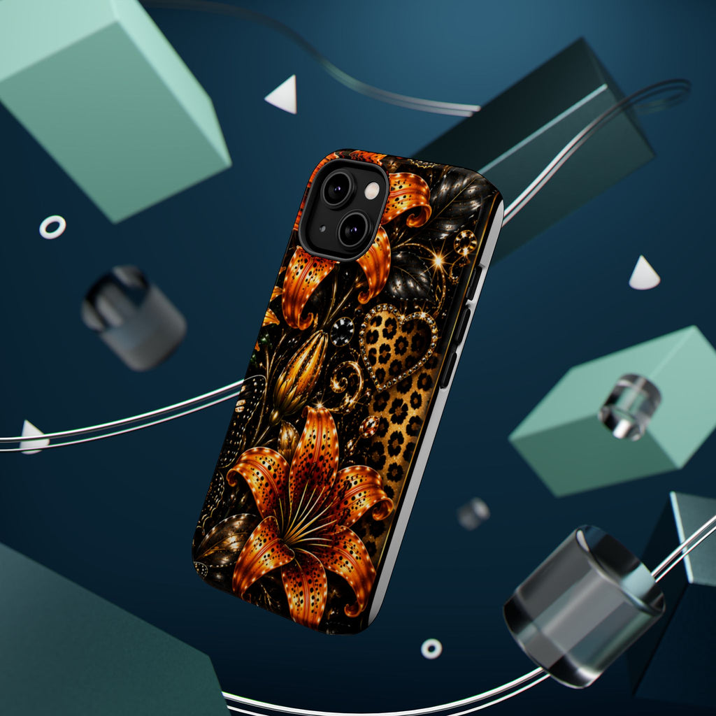 Floral Leopard Phone Case — Orange Lily Magnetic Impact-Resistant