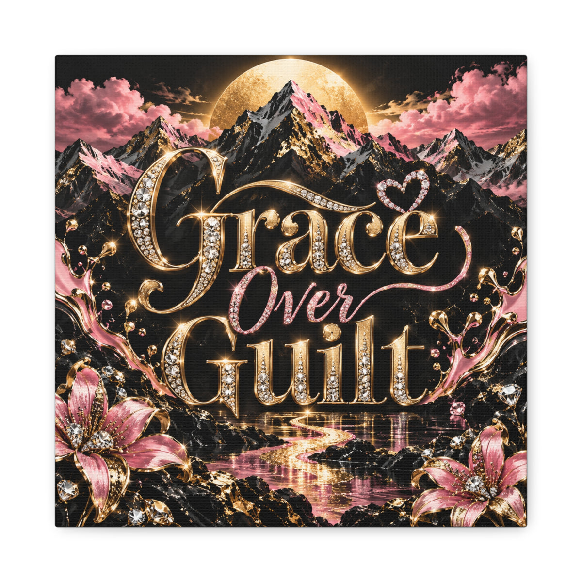 Grace Over Guilt™ Luxury Mountain Wall Art Canvas | Black, Gold & Pink Inspirational Home Décor