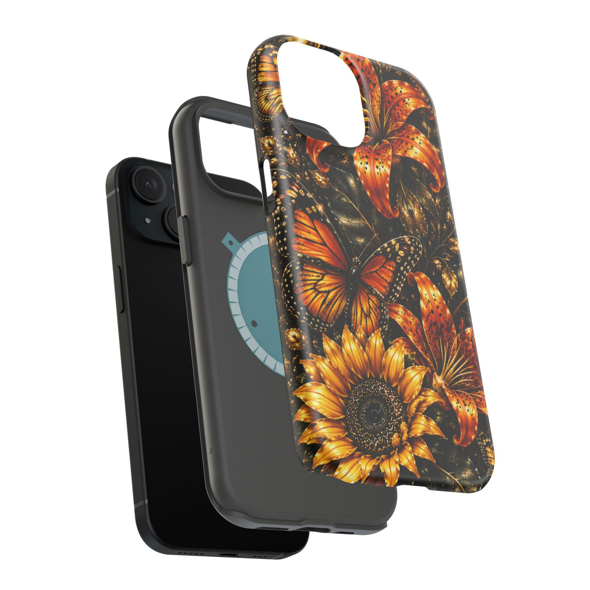 Floral Monarch Phone Case — Orange Sunflower & Butterfly Magnetic Impact-Resistant Case