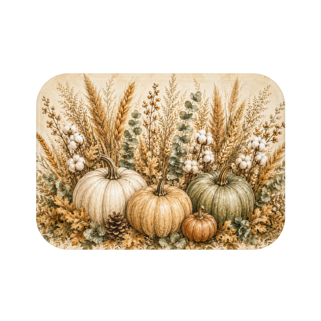 Autumn Harvest Bath Mat | Pampas Grass & Pumpkin Botanical Fall Bathroom Decor