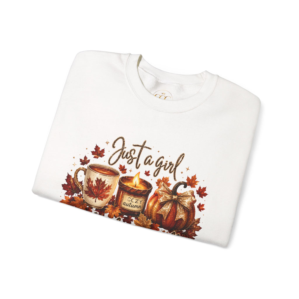 Fall Cozy Sweatshirt — "Just a Girl Who Loves Fall" Autumn Candle & Pumpkin Crewneck