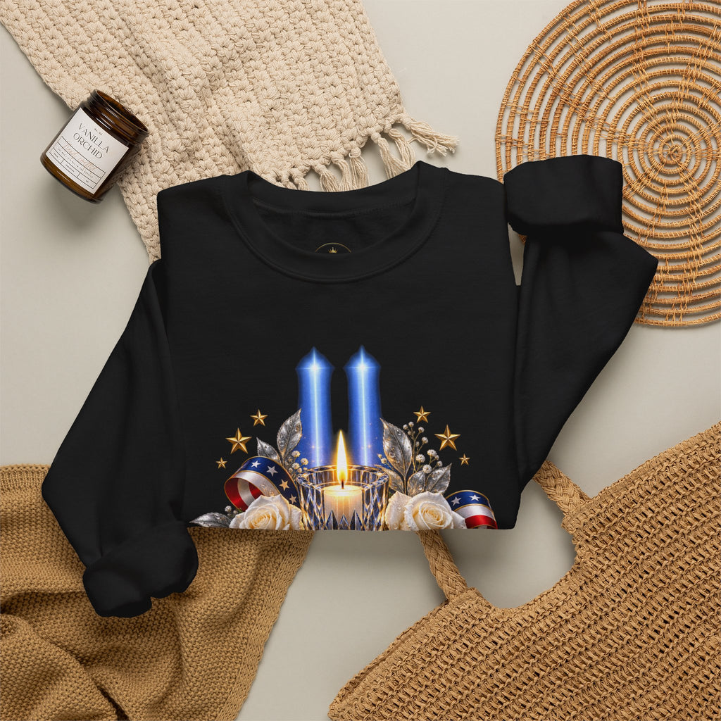 Womens — "America Remembers" 9/11 Tribute Design with Twin Beams & White Roses