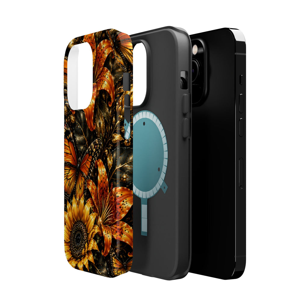 Floral Monarch Phone Case — Orange Sunflower & Butterfly Magnetic Impact-Resistant Case