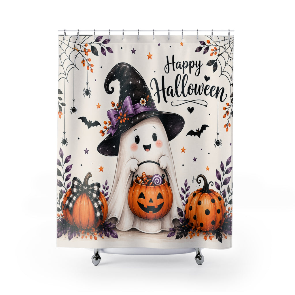 Happy Halloween Cute Ghost Shower Curtain | Halloween Bathroom Decor