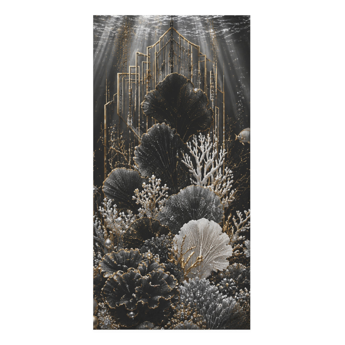 Bath Towel — Luxe Underwater Coral Design in Black & Gold