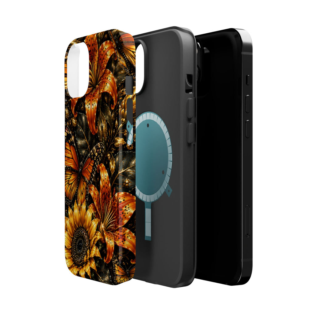 Floral Monarch Phone Case — Orange Sunflower & Butterfly Magnetic Impact-Resistant Case