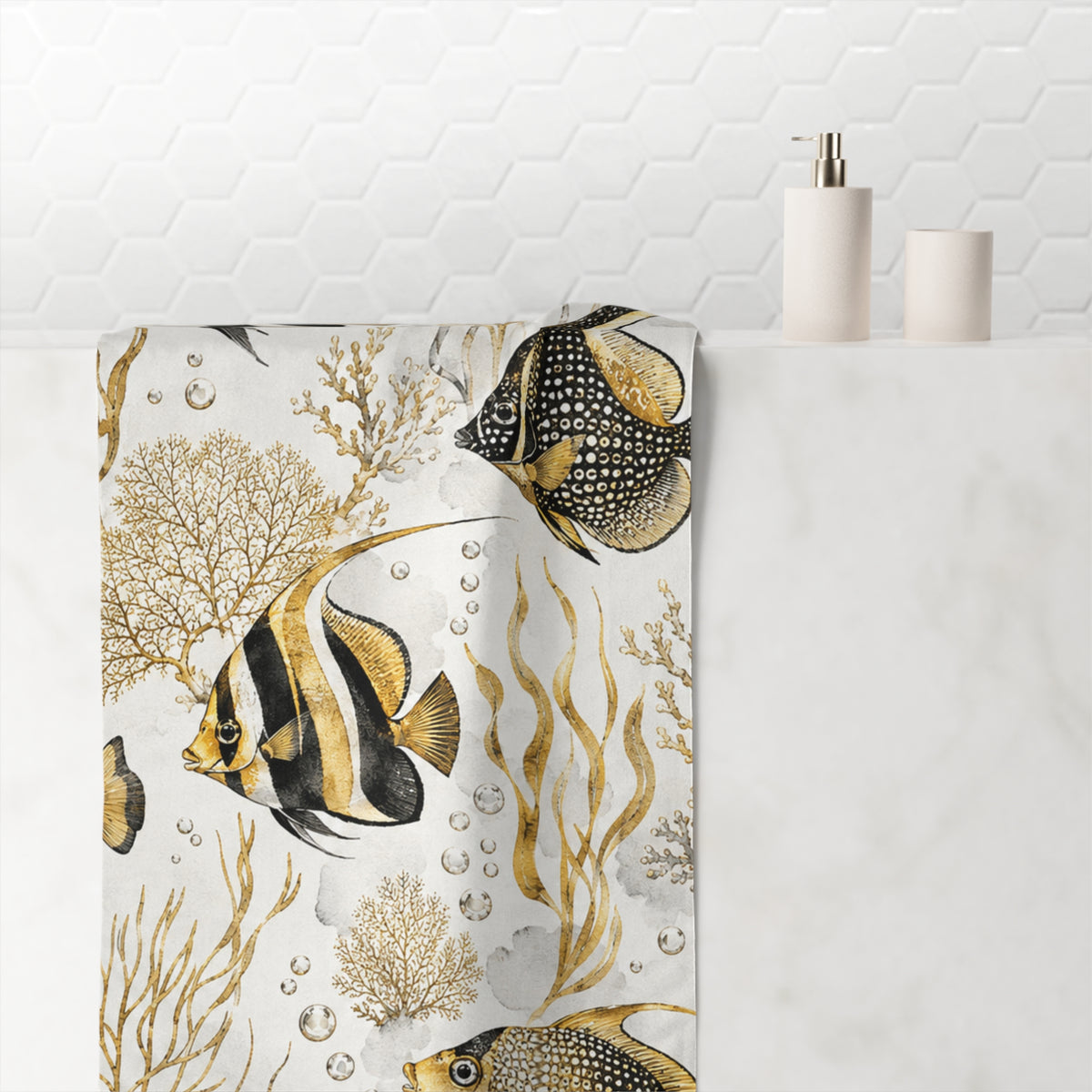 Bath Towel — Gold & Black Tropical Fish Pattern