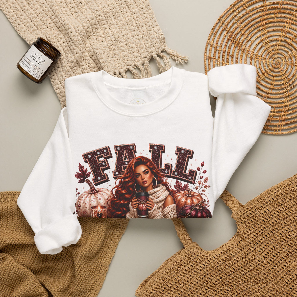 Fall Pumpkin Season Crewneck Sweatshirt — Autumn Girl & Pumpkin Graphic