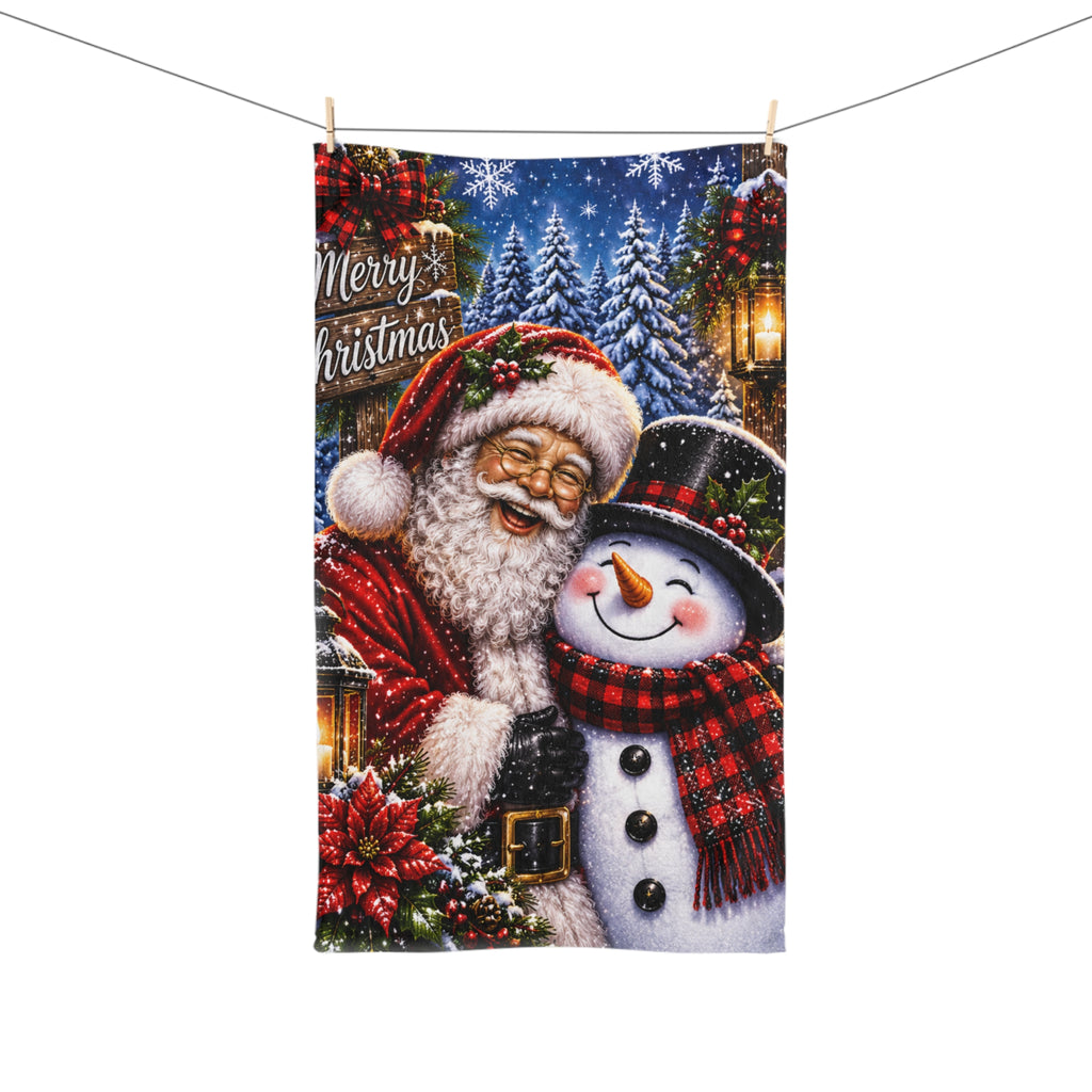 Merry Christmas Santa & Snowman Hand Towel | Holiday Bathroom Decor