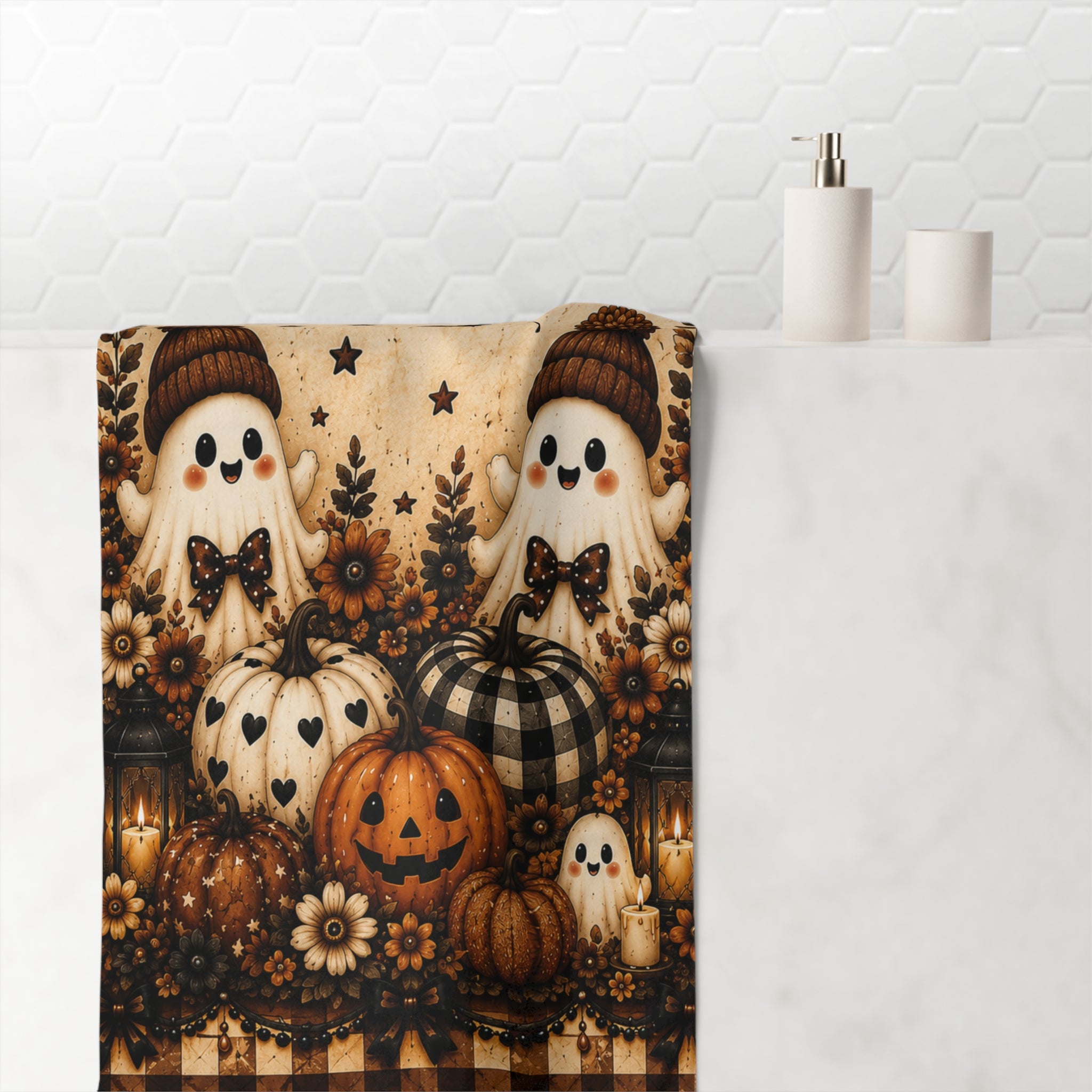 Hey There Boo Bath Towel | Rustic Plaid Halloween Bathroom Decor