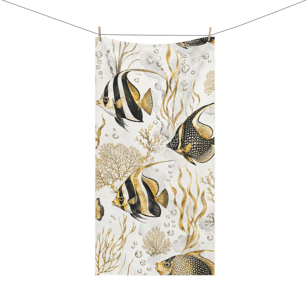 Bath Towel — Gold & Black Tropical Fish Pattern