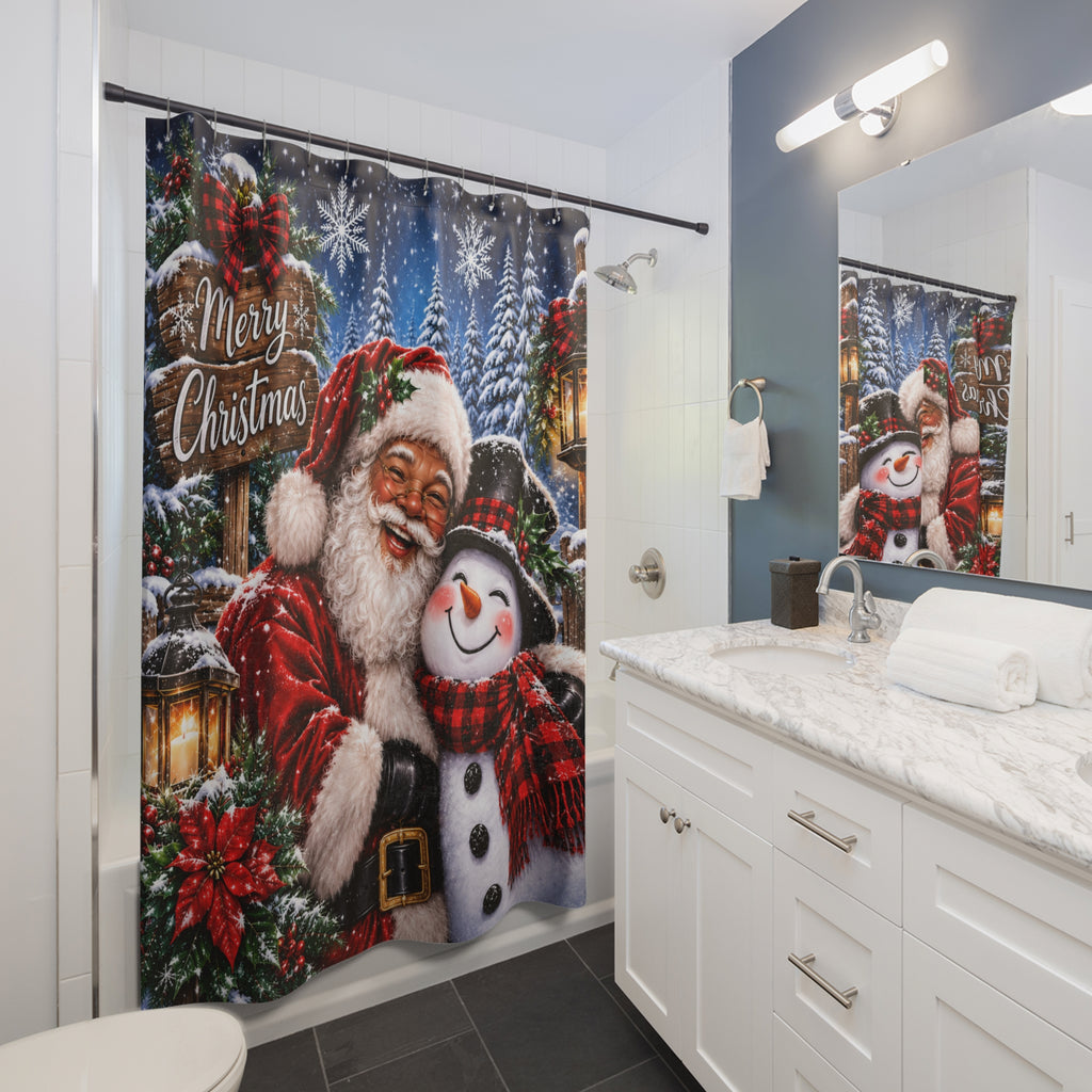 Merry Christmas Santa & Snowman Shower Curtain | Holiday Bathroom Decor