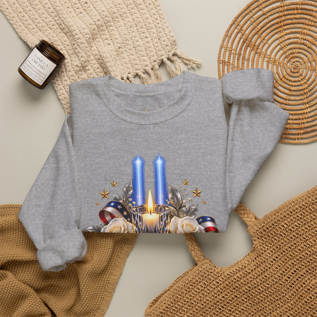 Womens — "America Remembers" 9/11 Tribute Design with Twin Beams & White Roses