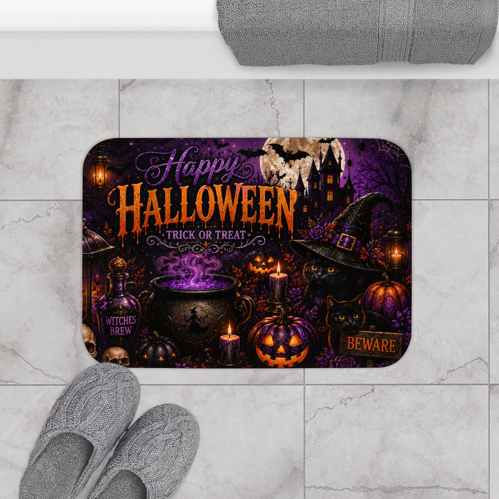 Happy Halloween Trick or Treat Bath Mat | Dark Gothic Halloween Bathroom Decor