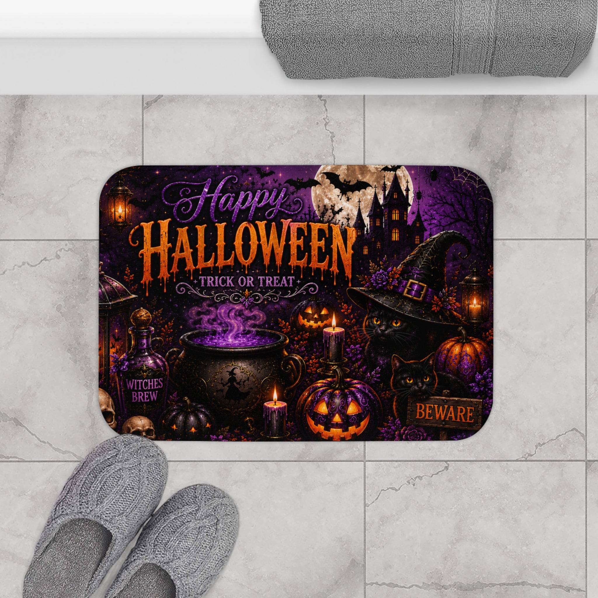 Happy Halloween Trick or Treat Bath Mat | Dark Gothic Halloween Bathroom Decor