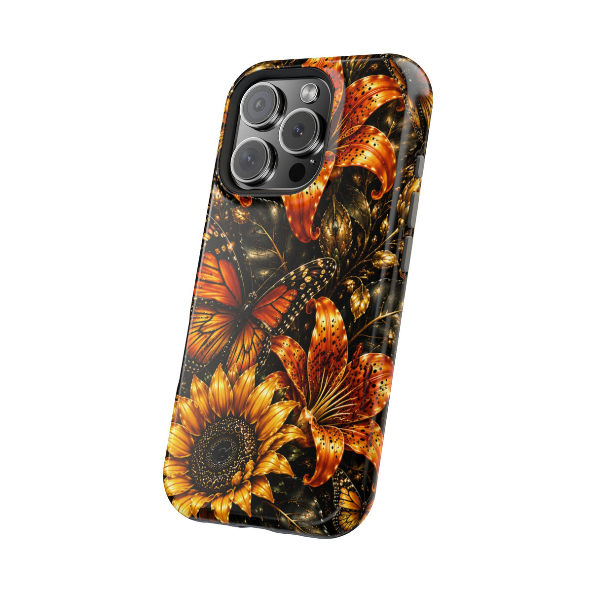 Floral Monarch Phone Case — Orange Sunflower & Butterfly Magnetic Impact-Resistant Case