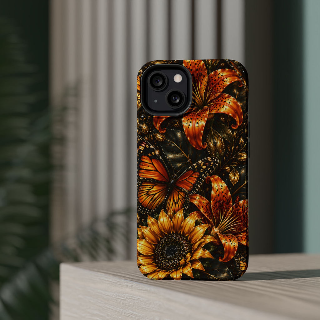 Floral Monarch Phone Case — Orange Sunflower & Butterfly Magnetic Impact-Resistant Case